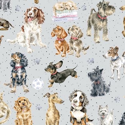 Whiskers & paws patchworkstof - Få hunde grå bund